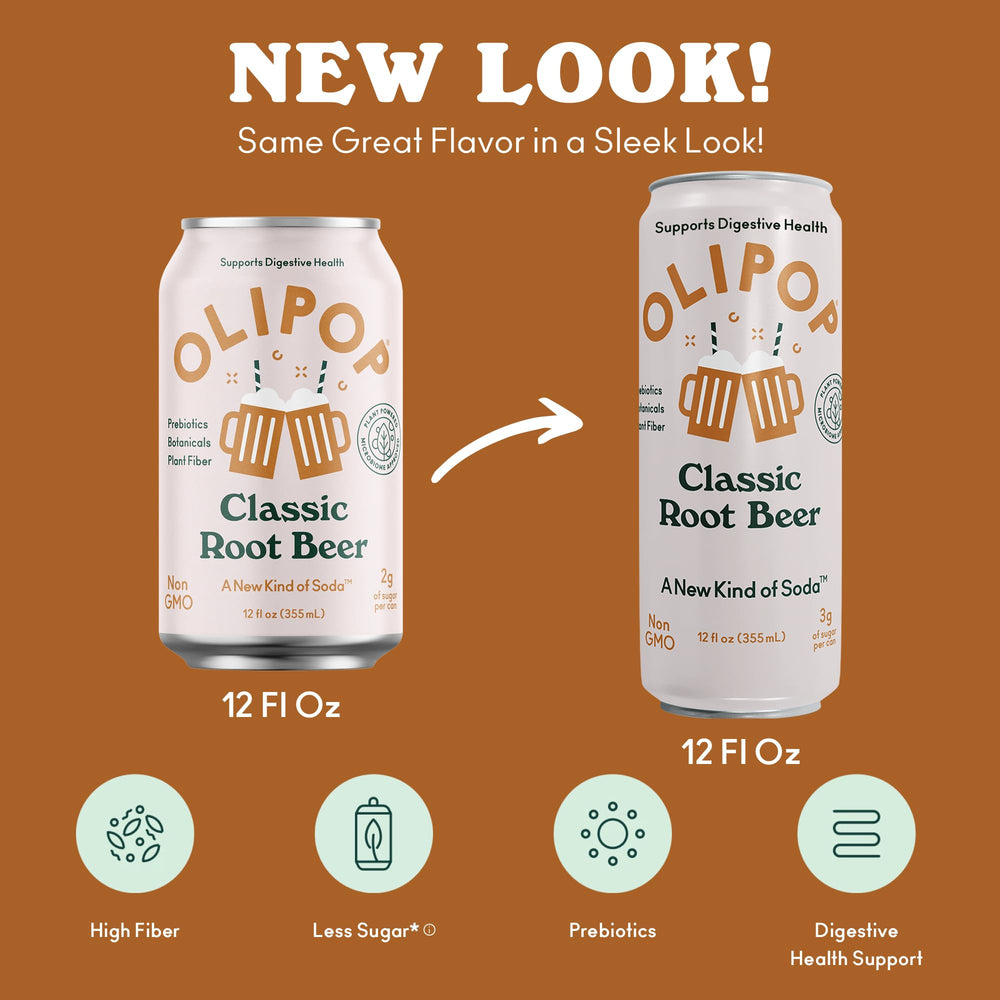 OLIPOP Root Beer cans on a desk offer a ready, flavorful option.