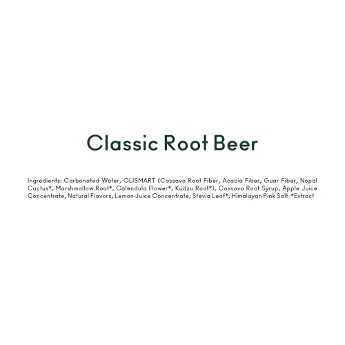 OLIPOP Root Beer label closeup highlights gluten-free and non-GMO attributes.