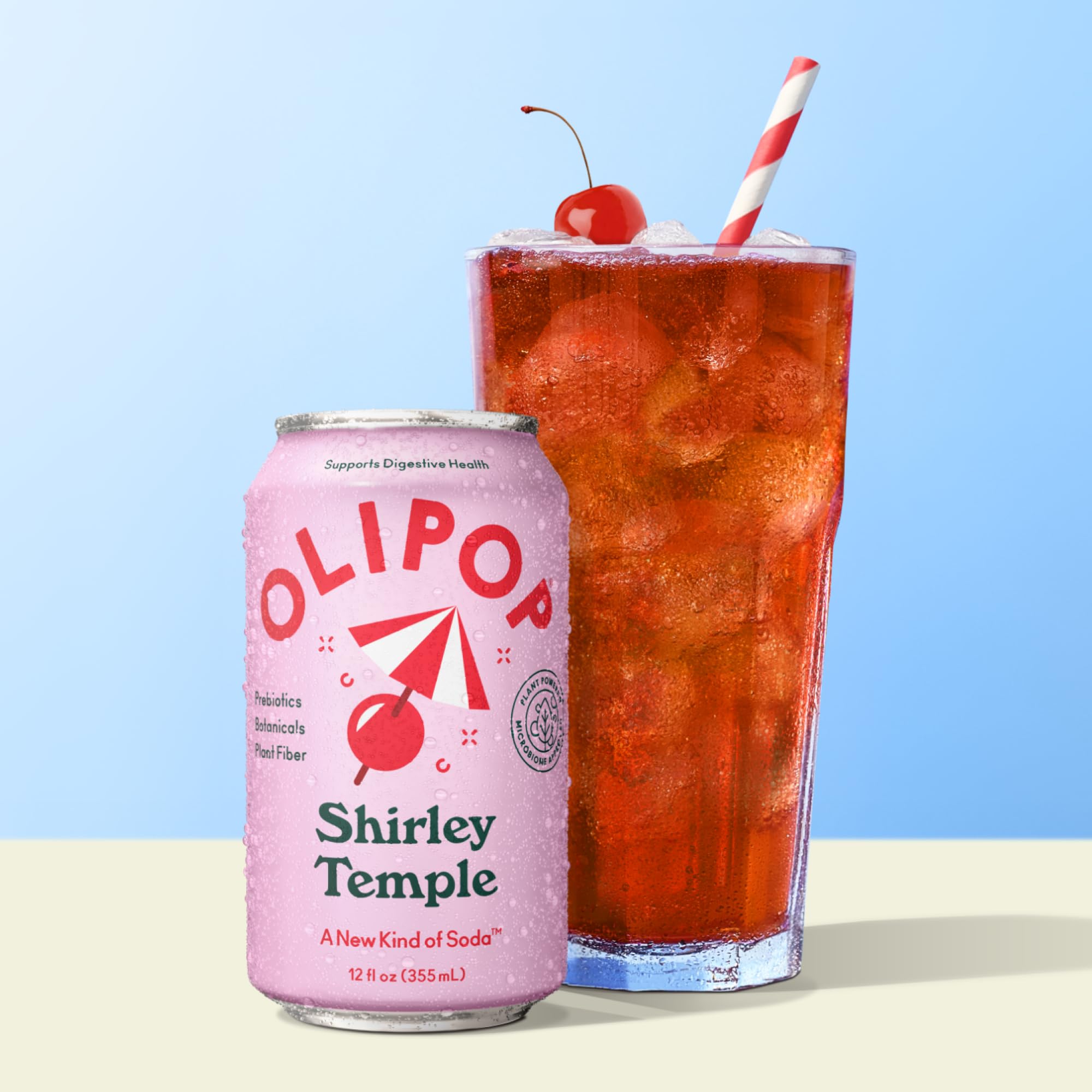 OLIPOP Shirley Temple chilled in fridge display ready to serve.