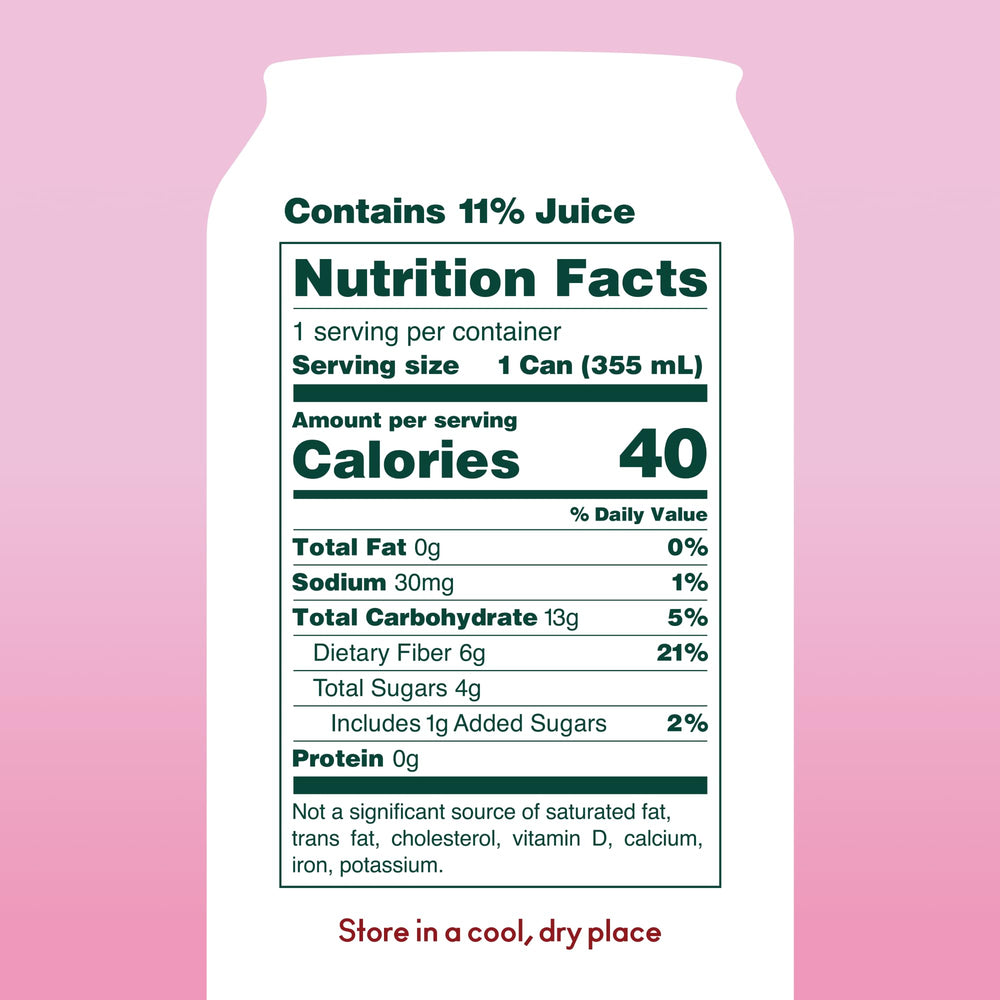 OLIPOP Shirley Temple label closeup highlighting natural ingredients and fiber benefits.