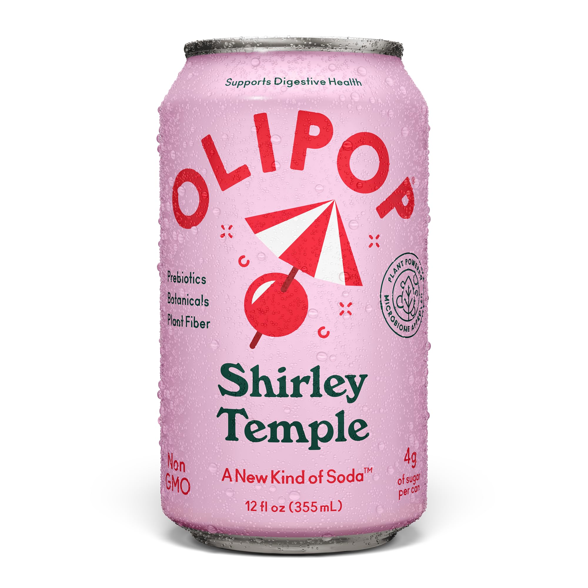 OLIPOP Shirley Temple nutrition facts label highlights fiber and natural sugars.