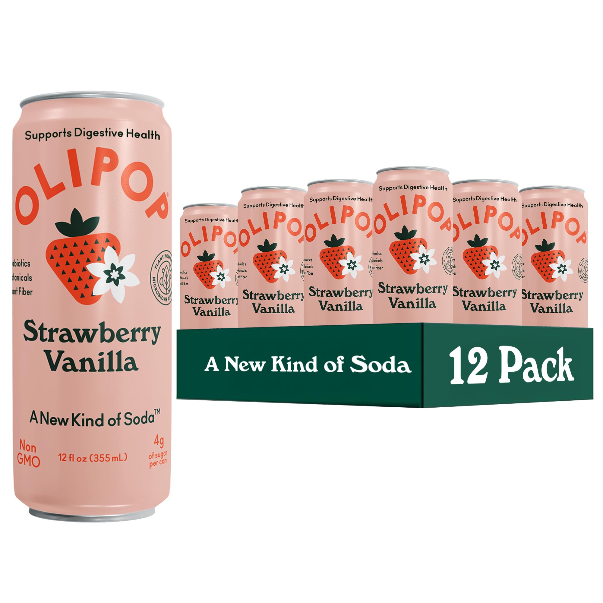 OLIPOP Strawberry Vanilla 12oz can front with gut-friendly ingredients, refreshing flavor