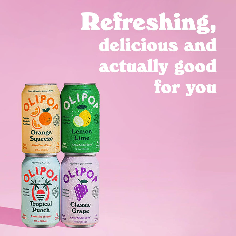 OLIPOP Tropical Punch display for tropical-fruit flavor and fiber boost.