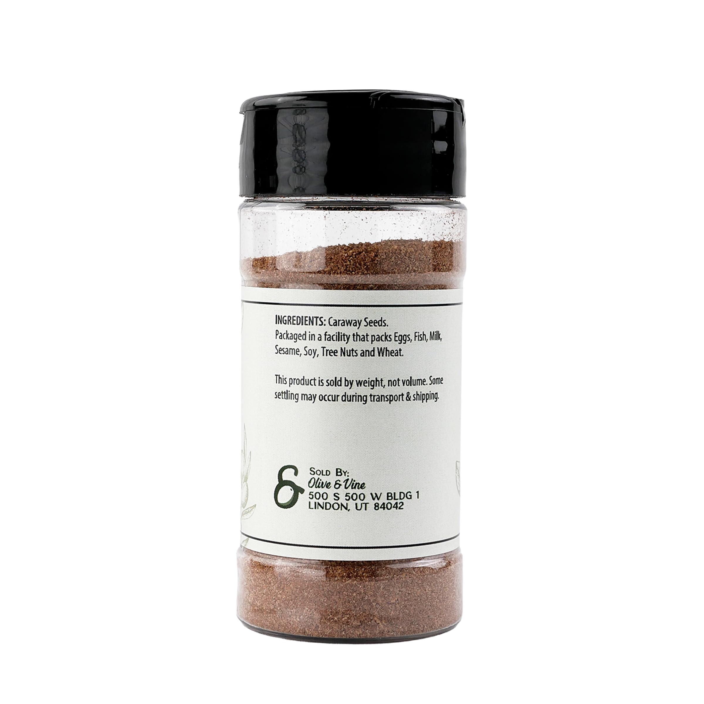 Olive & Vine ground caraway seeds in a shaker for quick flavor boosts.