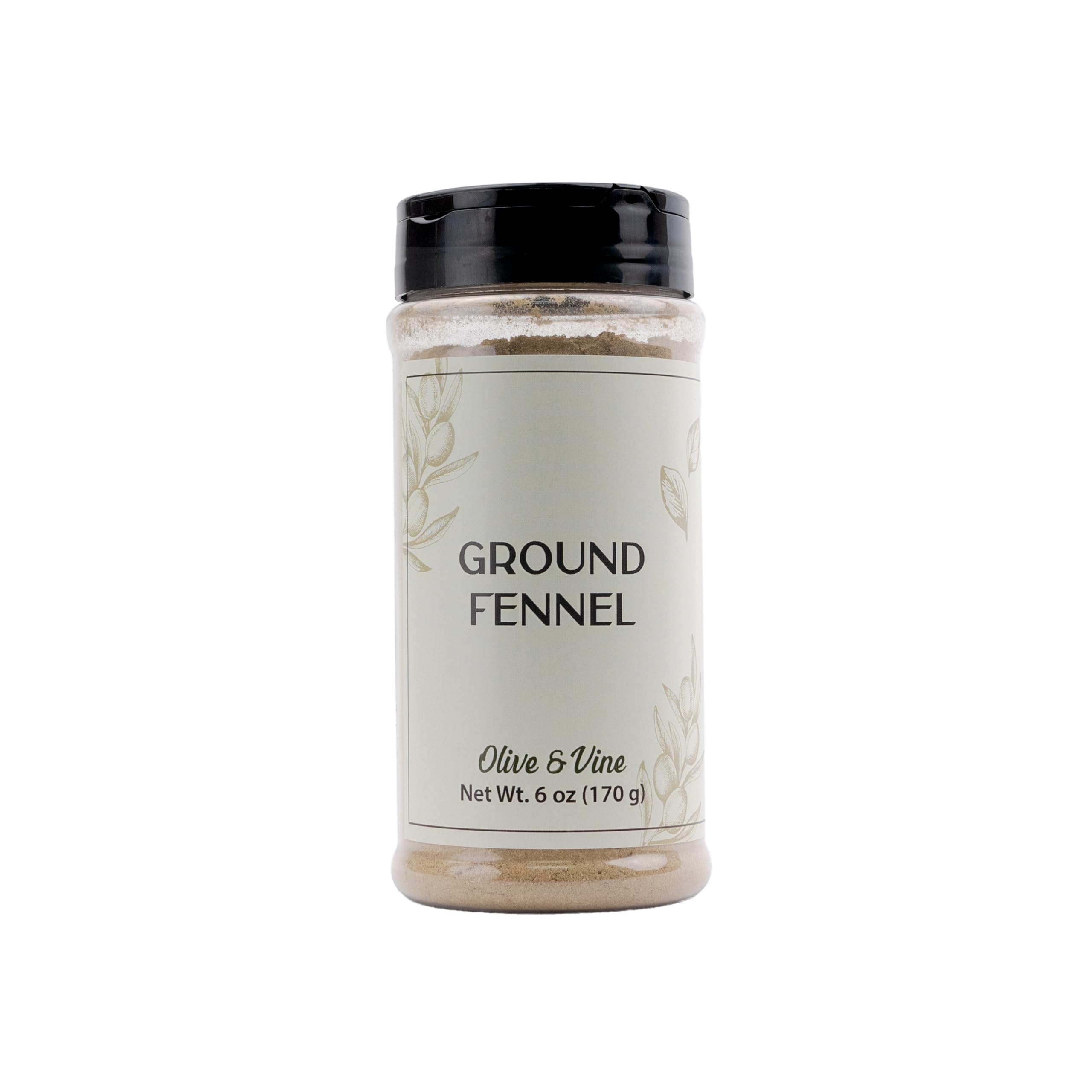 Olive & Vine Ground Fennel in a reusable shaker jar adds aromatic sweetness.