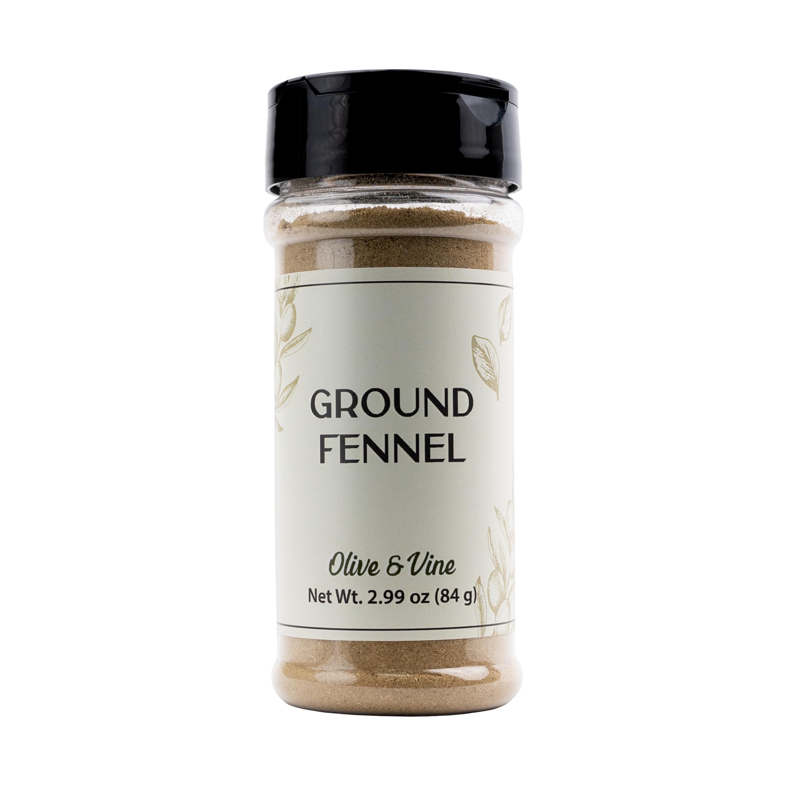 Olive & Vine ground fennel shaker jar for easy seasoning and fresh aroma.