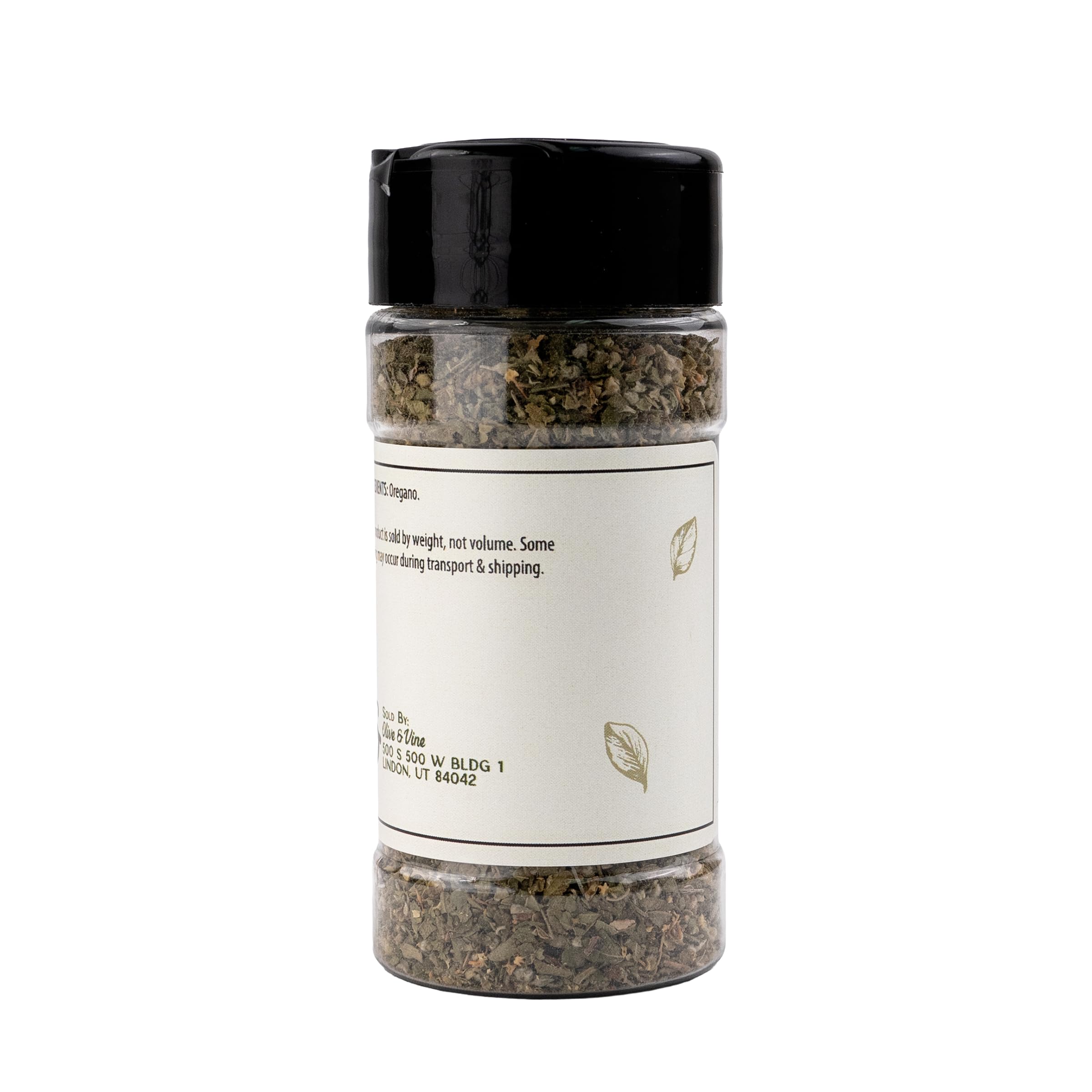 Closeup label of Olive & Vine Mexican Oregano shows authentic aroma.