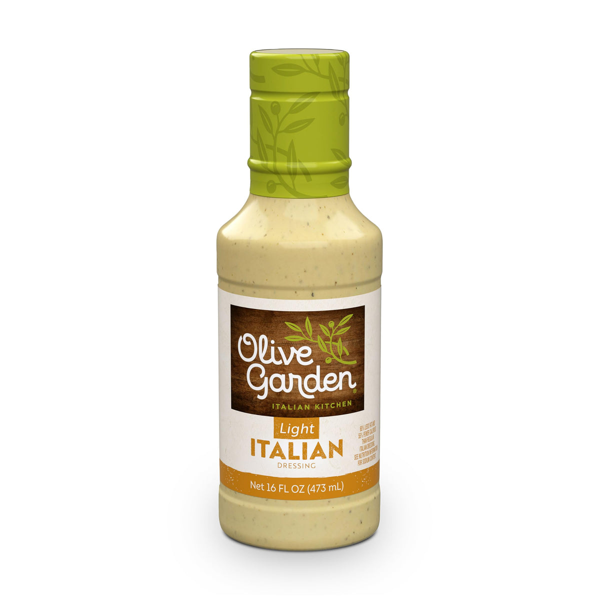 Olive Garden Light Italian Dressing bottle front showing label and 30 calories per serving.