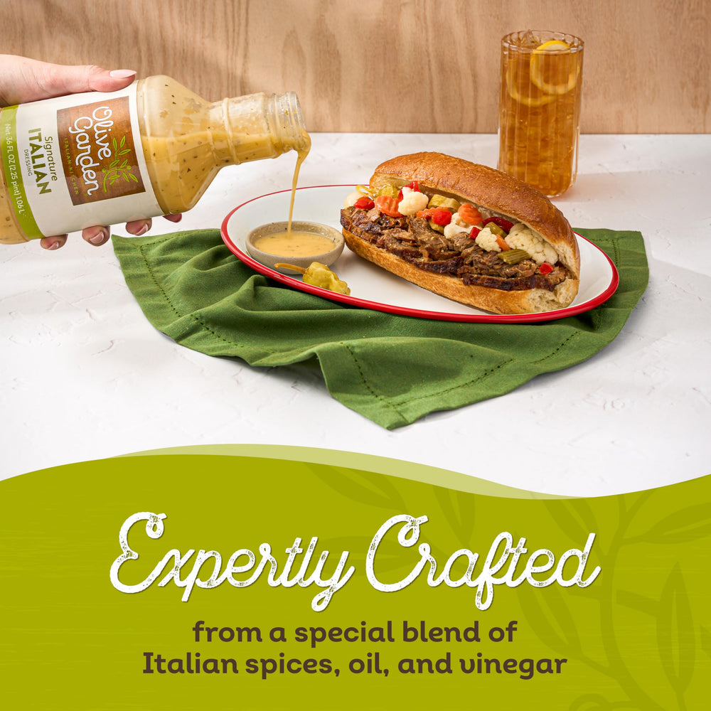 Olive Garden Signature Italian Dressing salad-bowl highlights vibrant dressing on fresh greens.