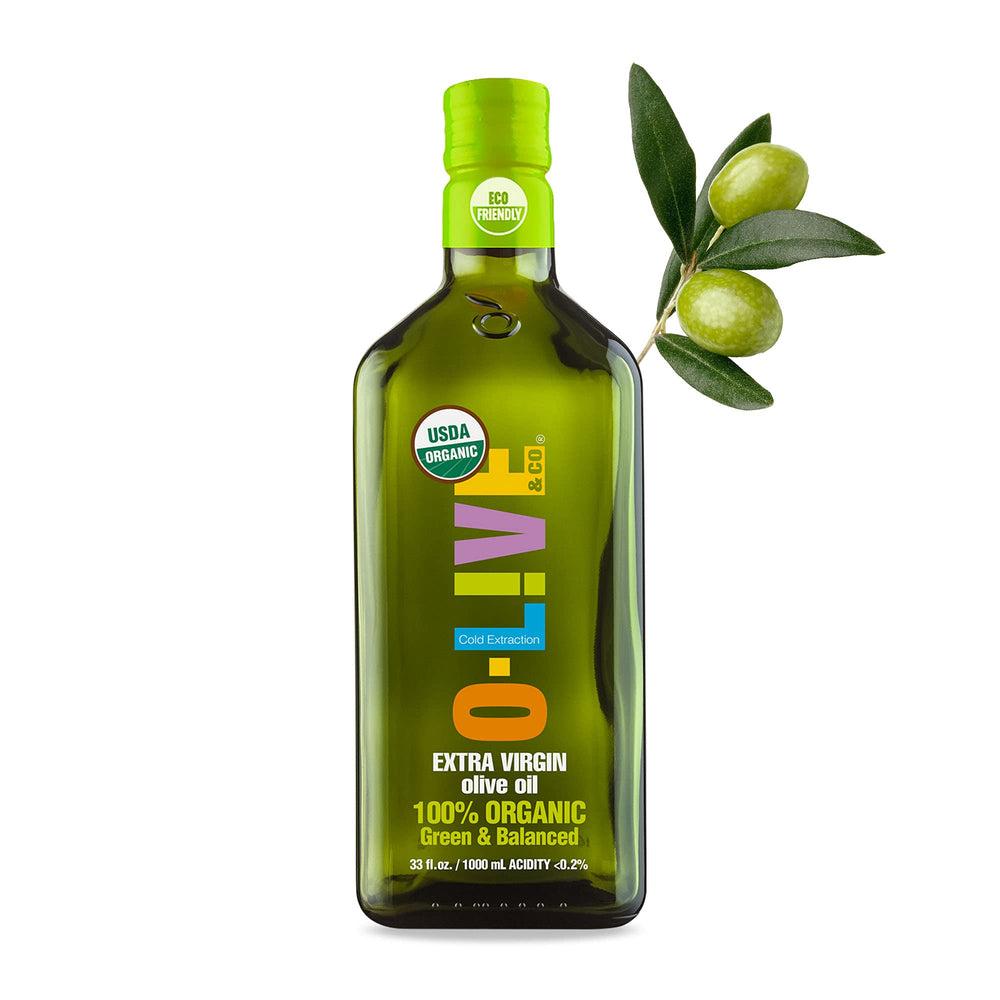 O-Live & Co. premium olive oil bottle front view shows organic quality.