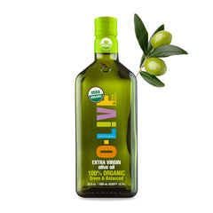 O-Live & Co. premium olive oil bottle front view shows organic quality.