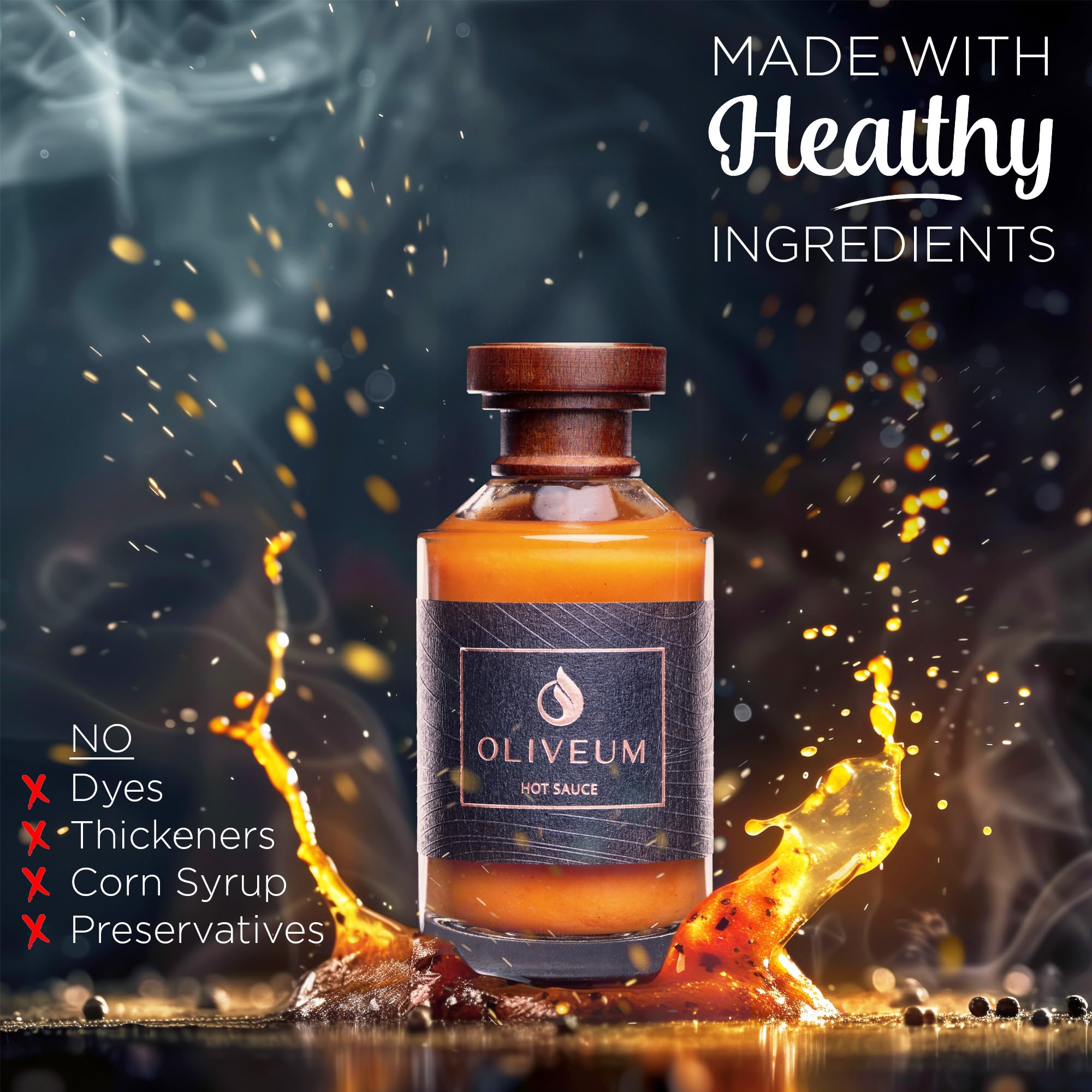 Oliveum Hot Sauce being poured shows smooth texture and medium heat for flexible cooking
