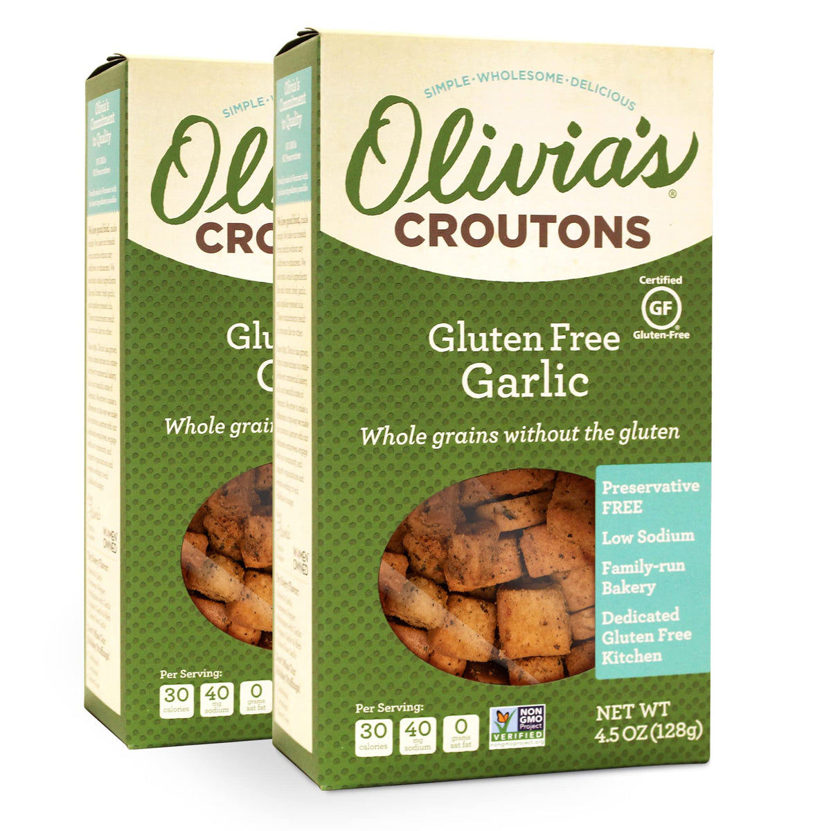 Olivia's Gluten Free Croutons garlic crunch close-up, perfect for salad topping