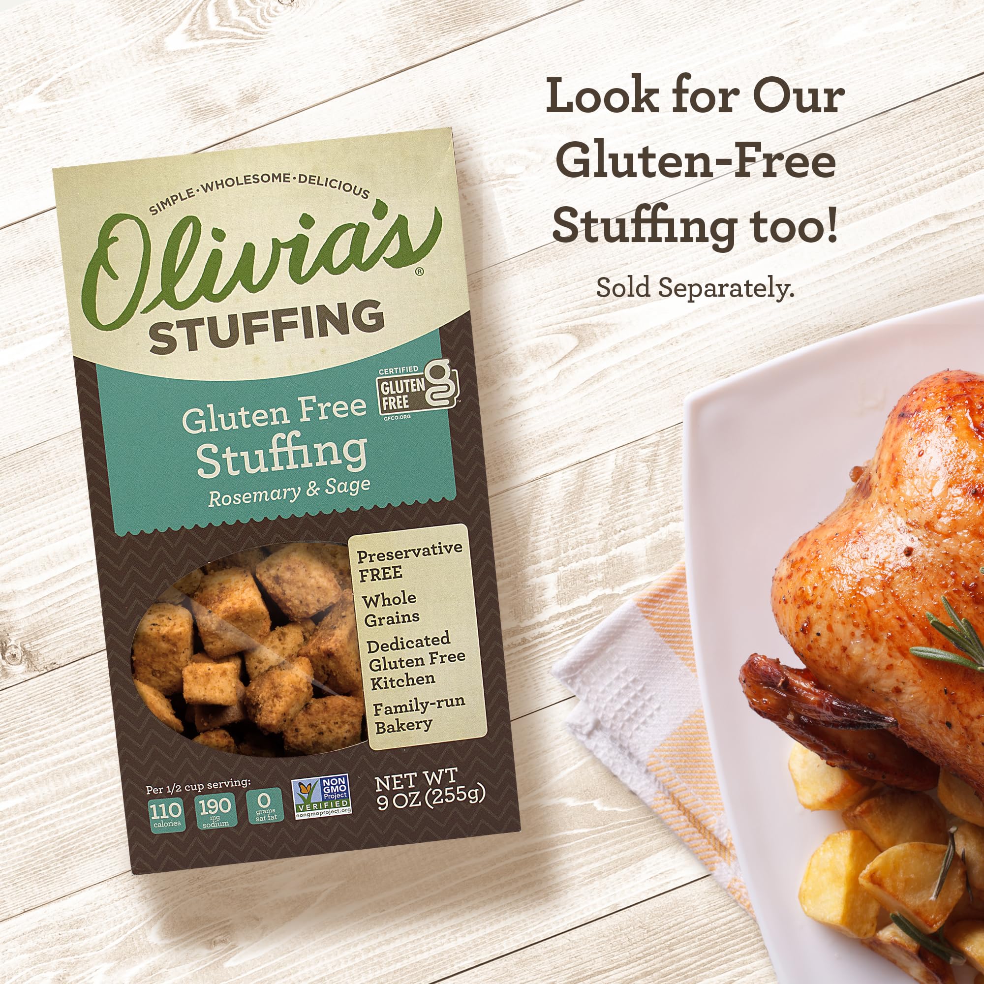 Olivia's Gluten Free Croutons non GMO oil detail emphasizes clean ingredients