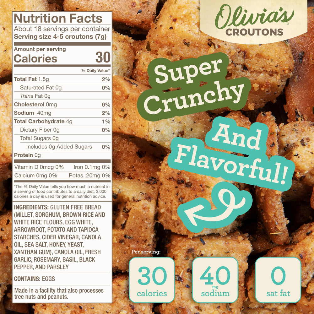 Olivia's Gluten Free Croutons packaging shows USA made quality