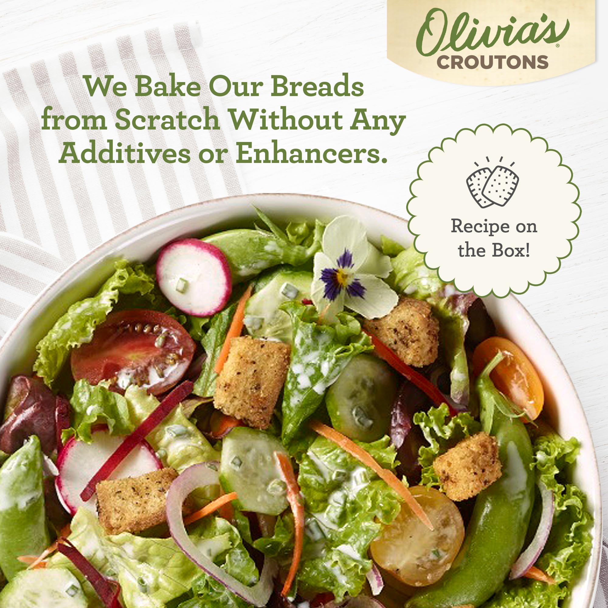 Olivia's Gluten Free Croutons on a salad with herbs for extra crunch