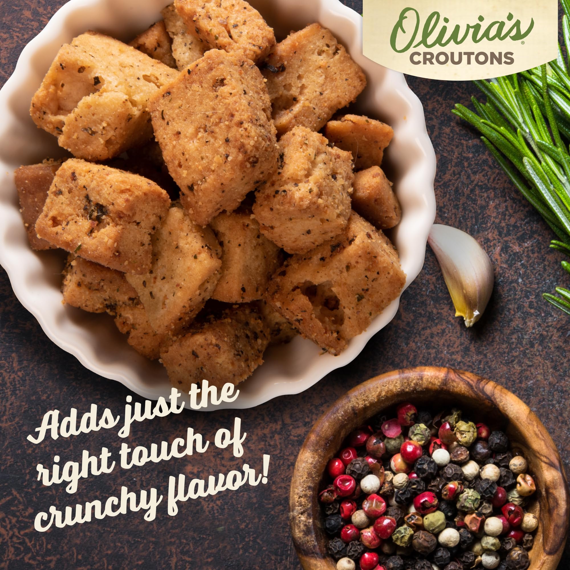 Olivia's Gluten Free Croutons in soup bowl as a crispy topper