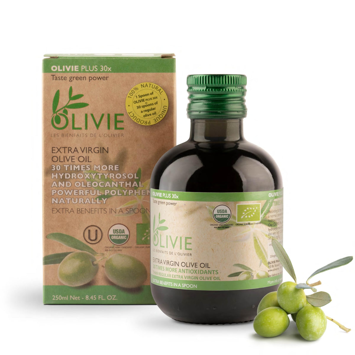 OLIVIE PLUS 30X desert olive oil bottle highlights high polyphenols for vibrant salads.