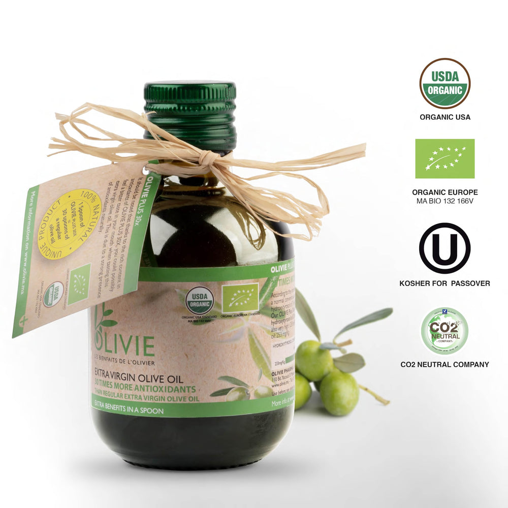 OLIVIE PLUS 30X hydroxytyrosol rich oil highlights antioxidant potential.