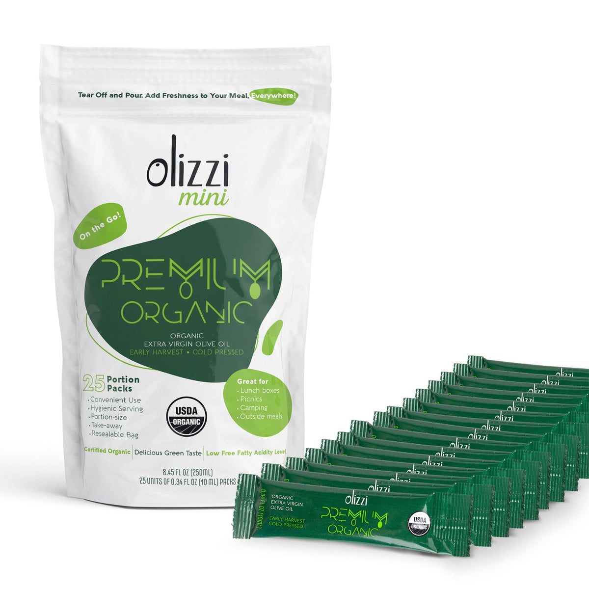 Olizzi olive oil packets in packaging for easy use