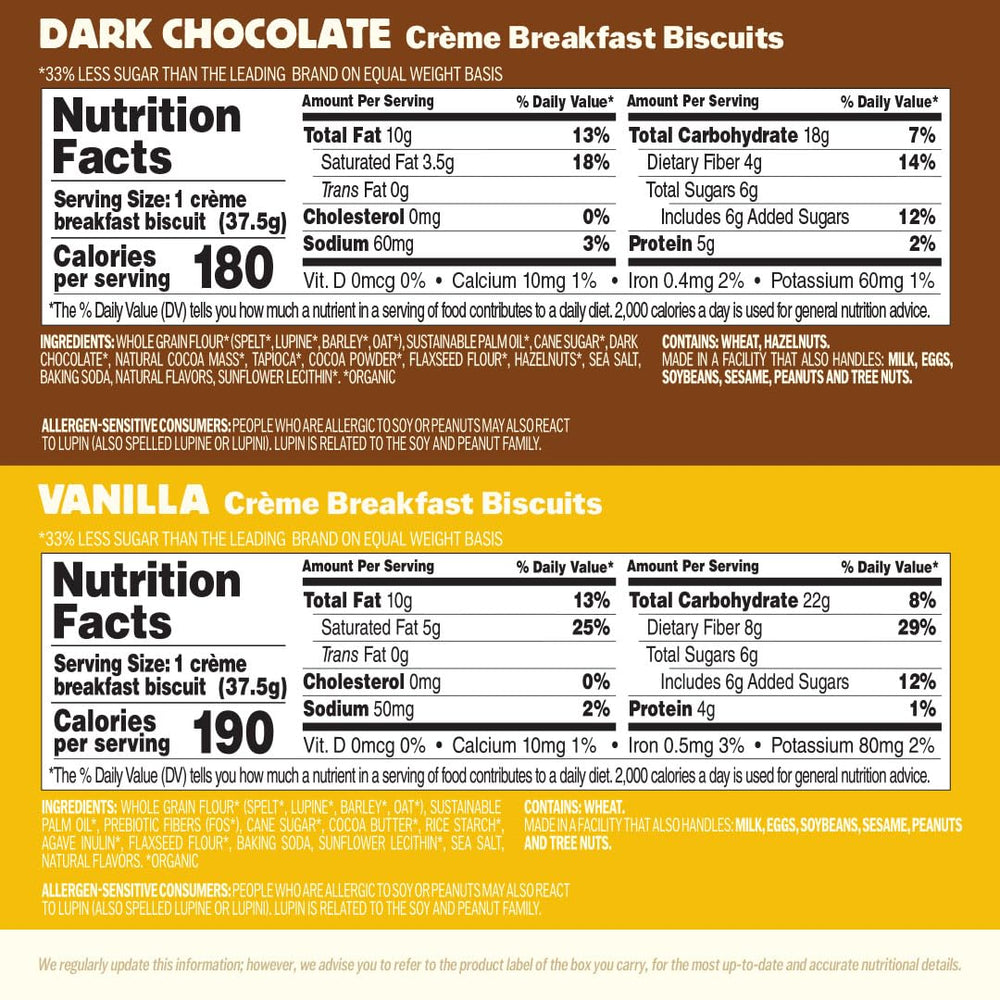 Olyra breakfast biscuits closeup showing vanilla chocolate layers and wholesome ingredients