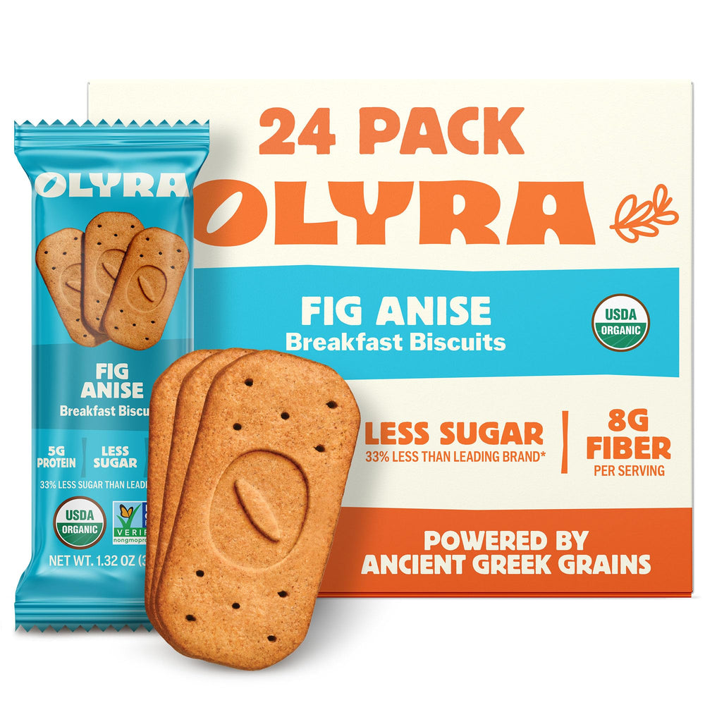 Olyra fig-anise breakfast biscuit pack—fiber-rich morning option.