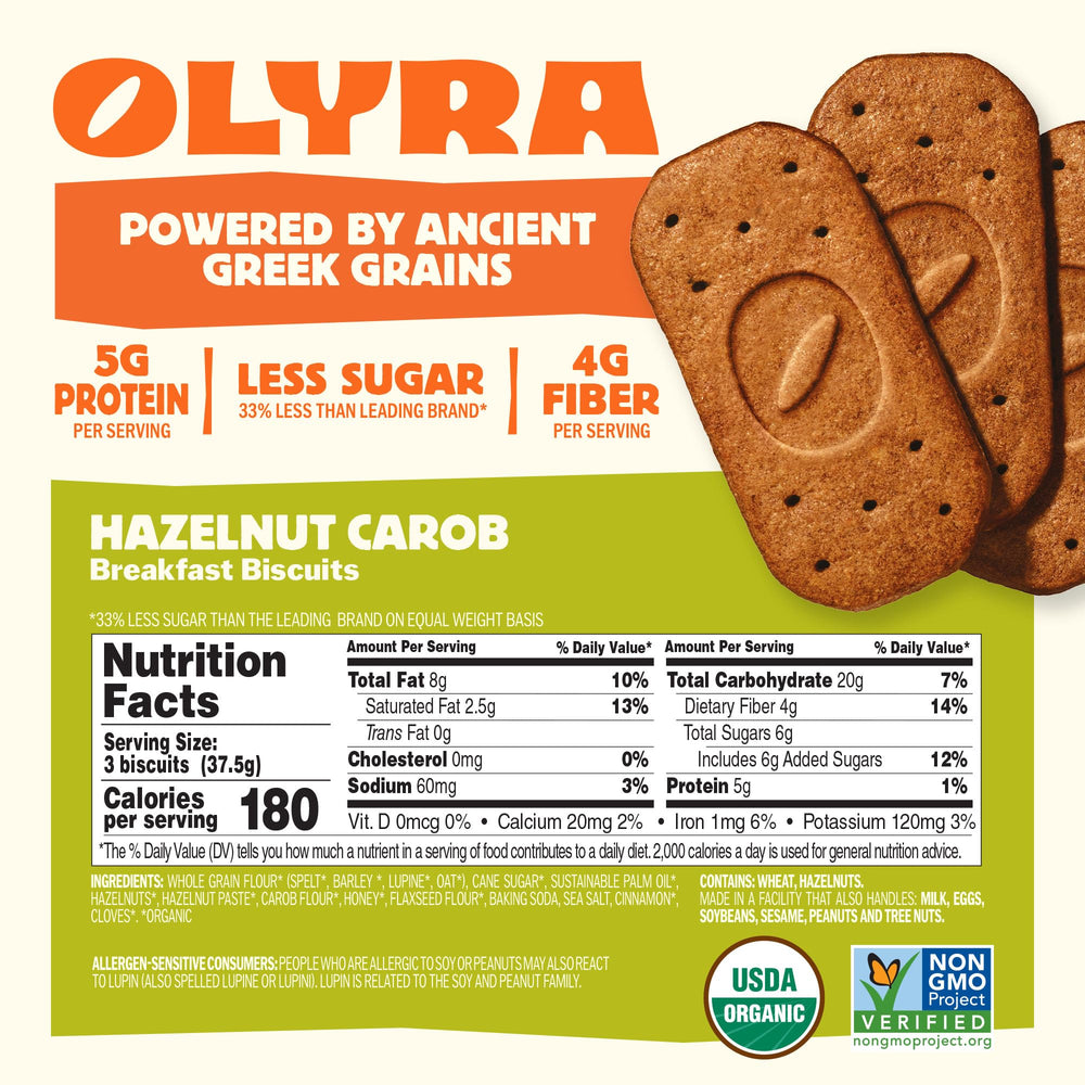 Olyra Organic Breakfast Biscuits Hazelnut Carob close-up showing ancient grains texture