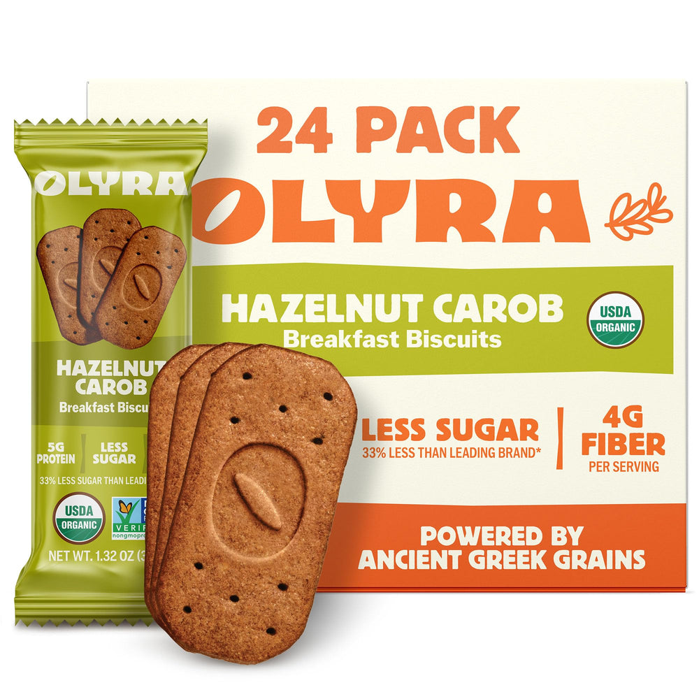 Olyra Organic Breakfast Biscuits Hazelnut Carob pack shot for on-the-go energy