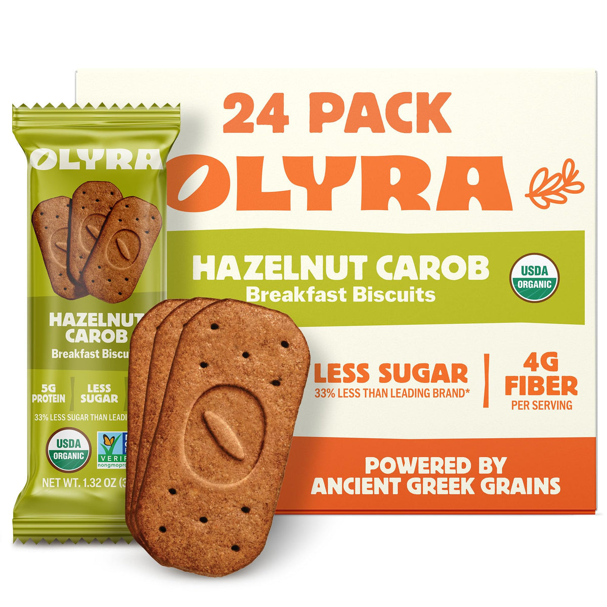 Olyra Organic Breakfast Biscuits Hazelnut Carob pack shot for on-the-go energy