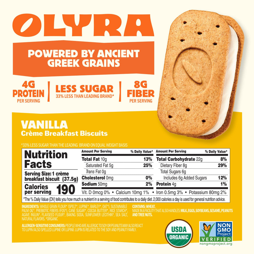 Olyra biscuits close-up showing vanilla cream and crispy texture