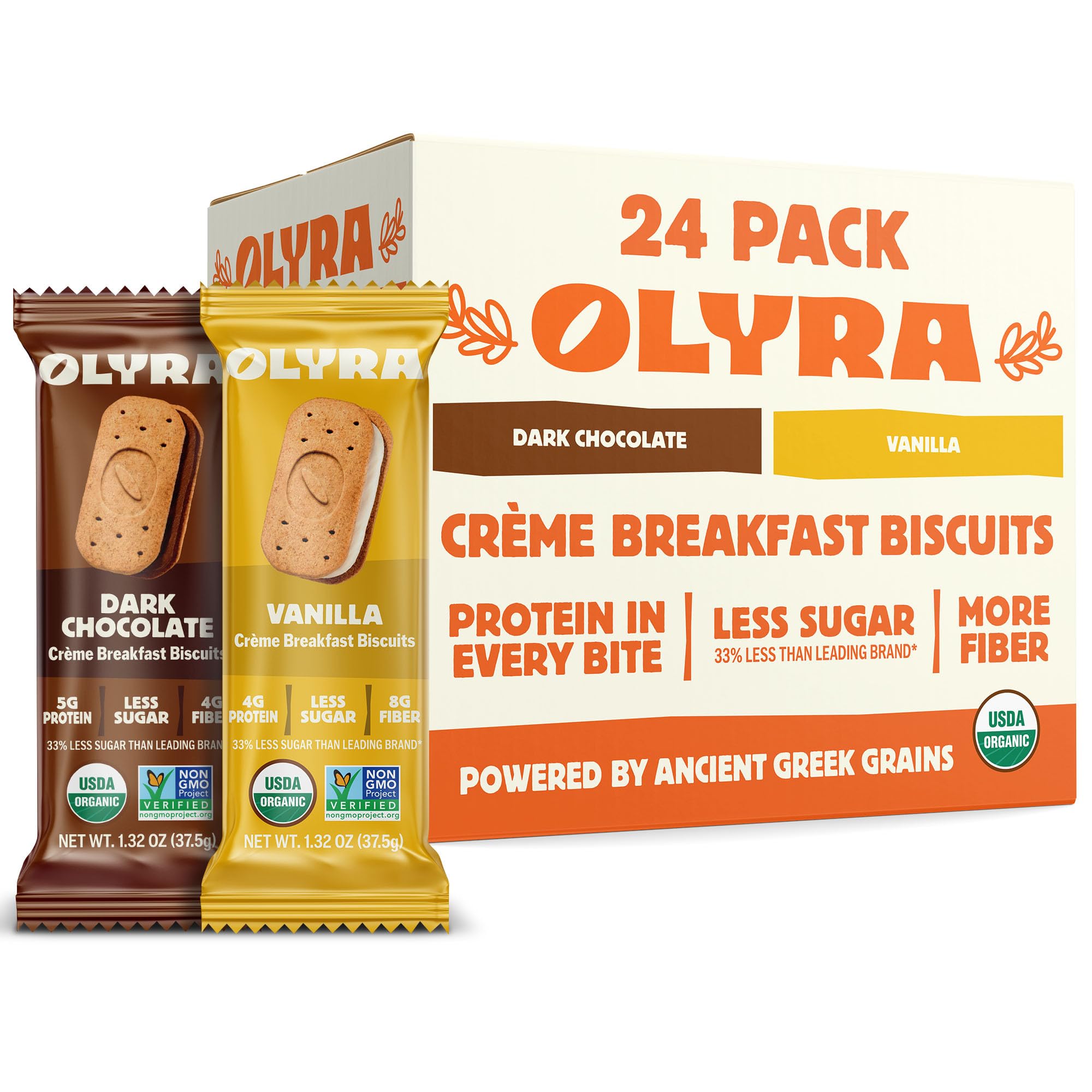Olyra Variety Pack pack cover featuring vanilla and dark chocolate sandwich biscuits for morning energy