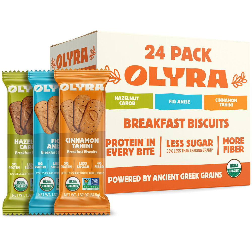 Olyra Organic Breakfast Biscuits variety-pack boxes present a wholesome morning option.