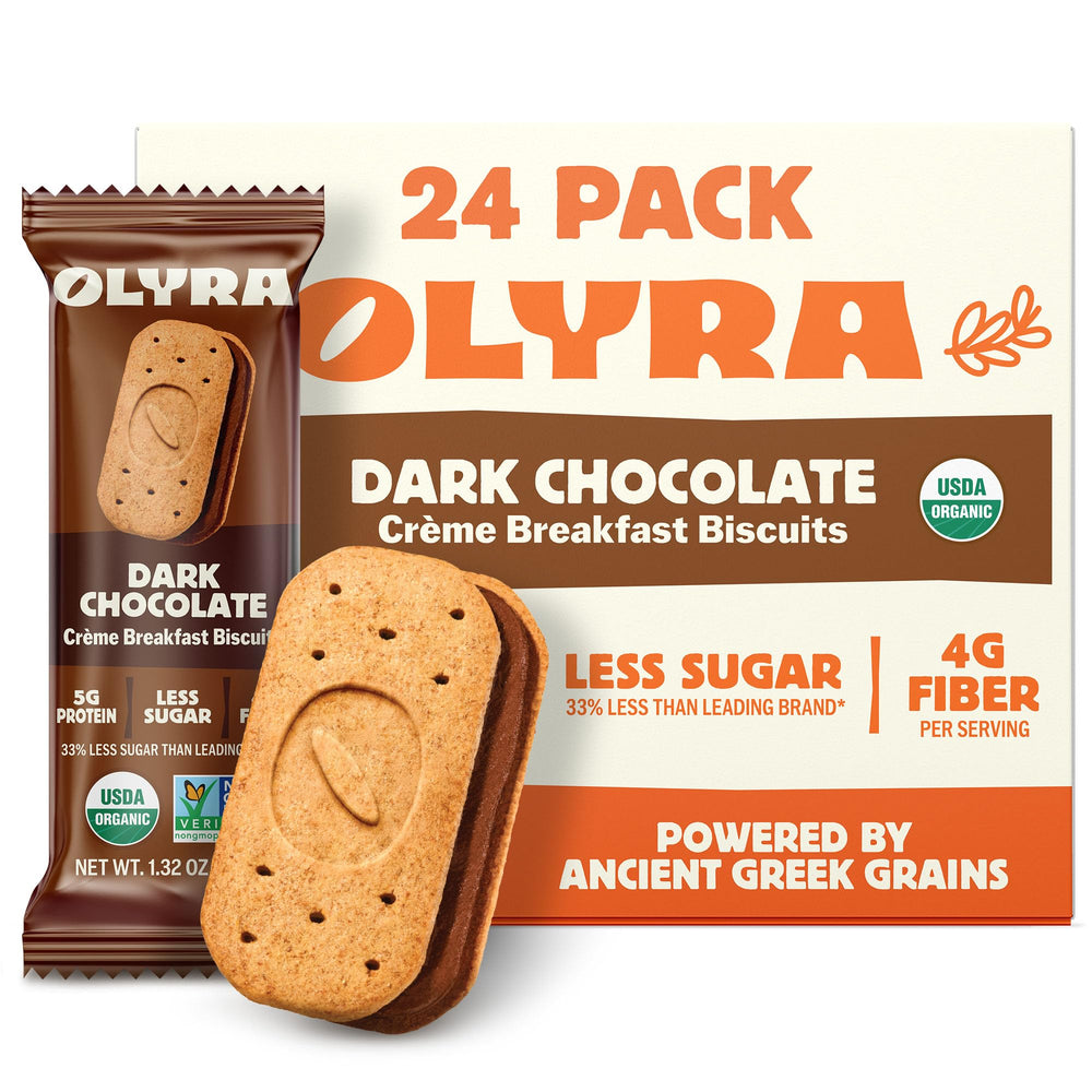 Olyra dark chocolate sandwich biscuit packaging highlights organic ingredients and convenient breakfast option.