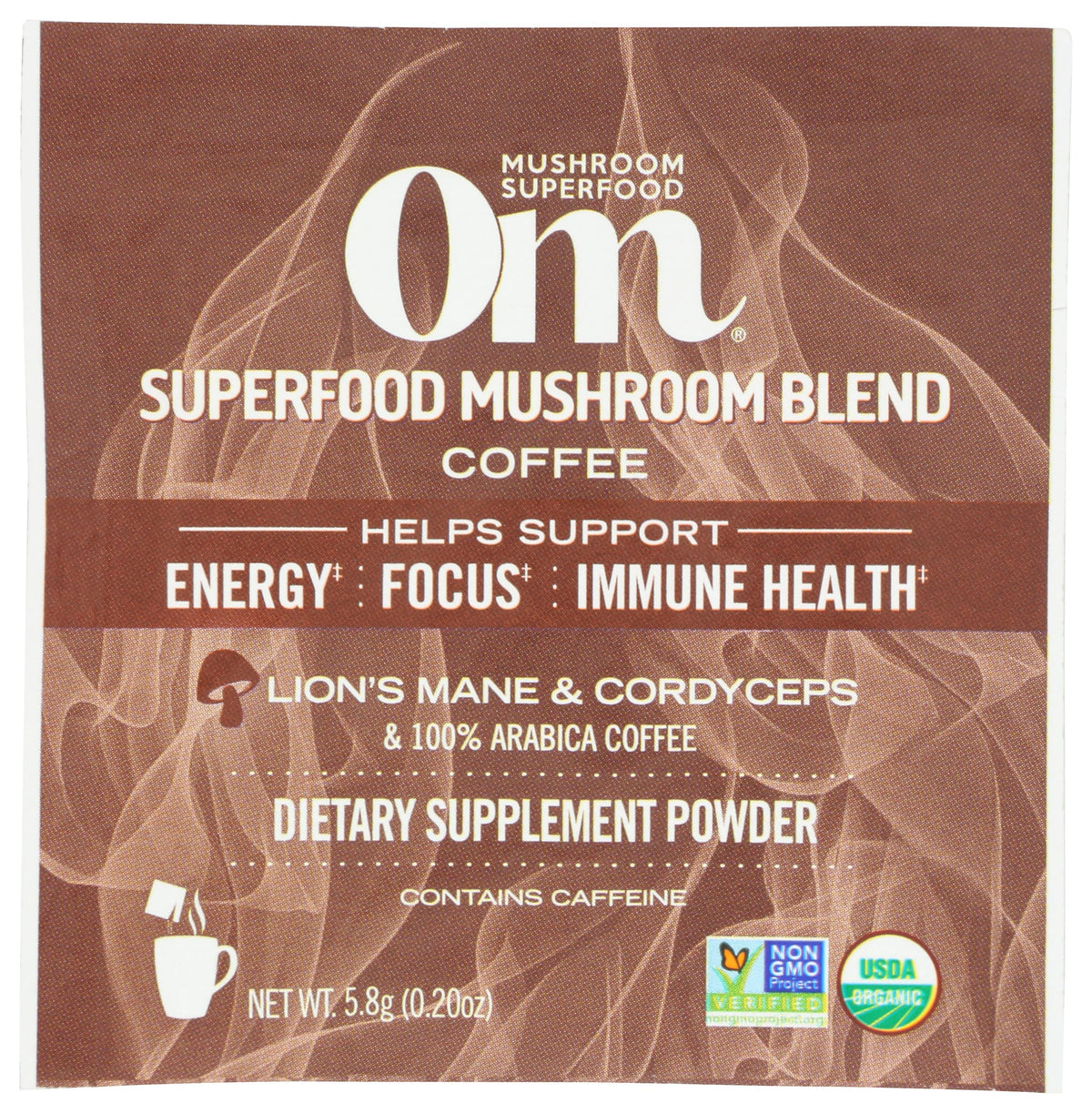 Om Mushroom Superfood organic coffee blend packet showing premium caffeine and mushroom boost