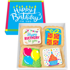 OMCookie Happy Birthday Cookies 4-Pack with festive decorations for celebrations.
