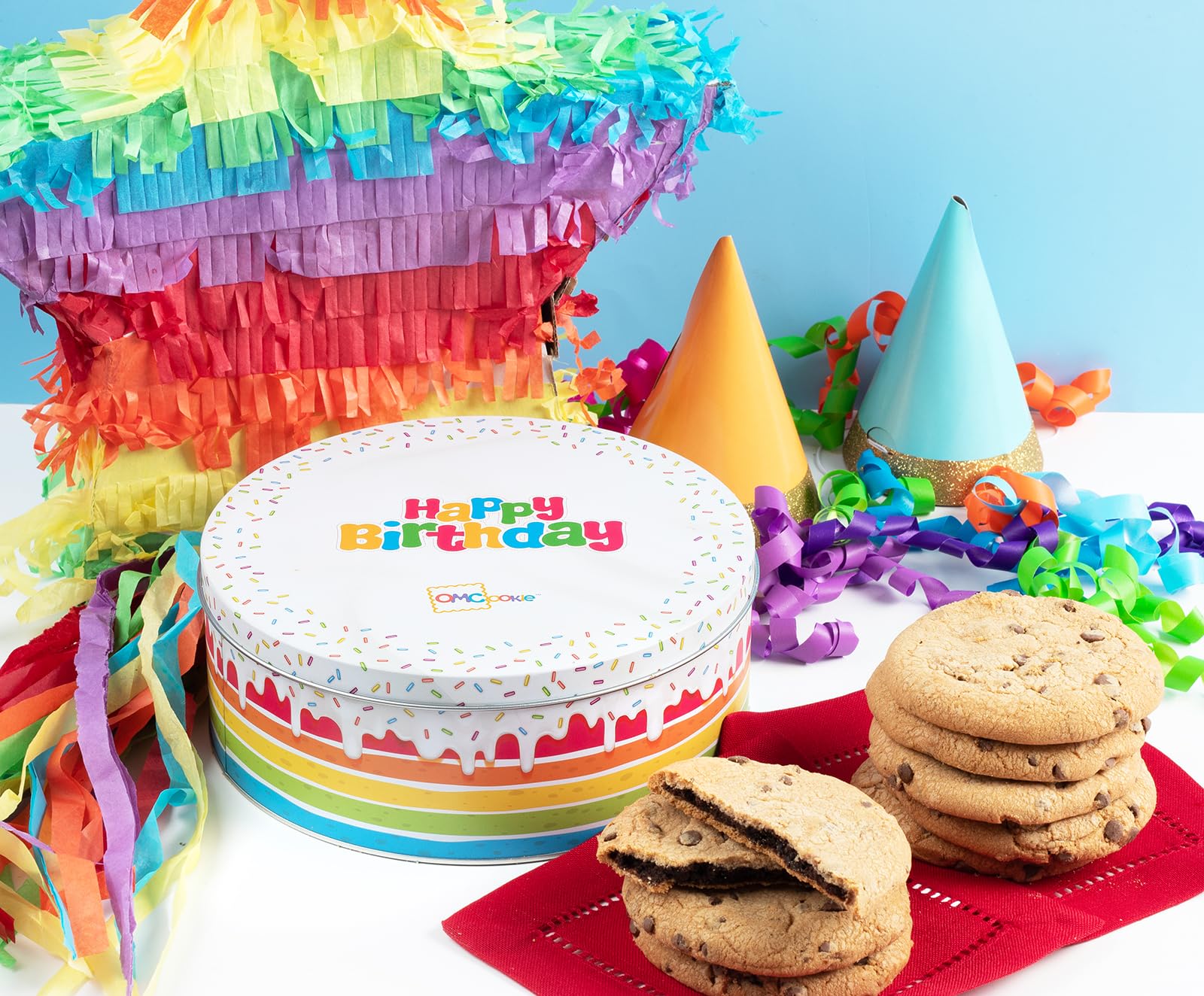 OMCookie tin with ribbon makes a ready gift for birthdays.