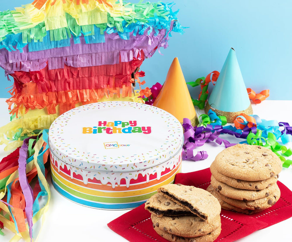 OMCookie tin with ribbon makes a ready gift for birthdays.