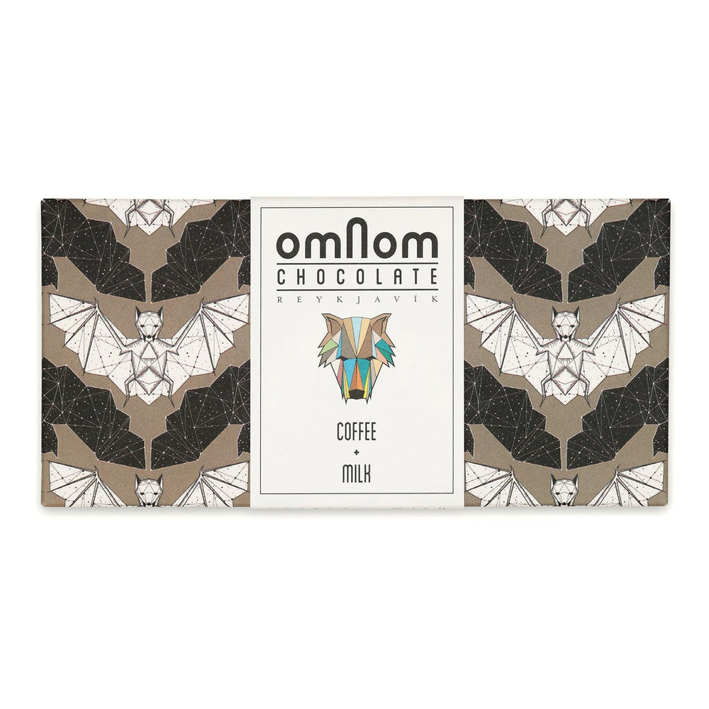 Omnom Coffee + Milk bar wrapped, premium Icelandic bean-to-bar chocolate for cozy mornings.