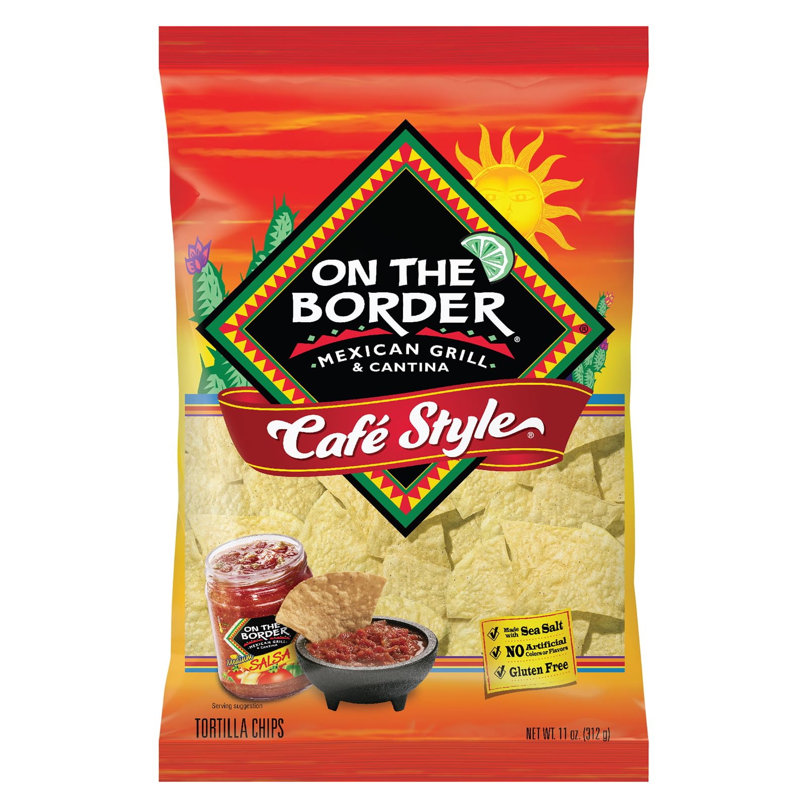 On The Border Cafe Style Tortilla Chips 11oz bag front view, perfect for snacking.