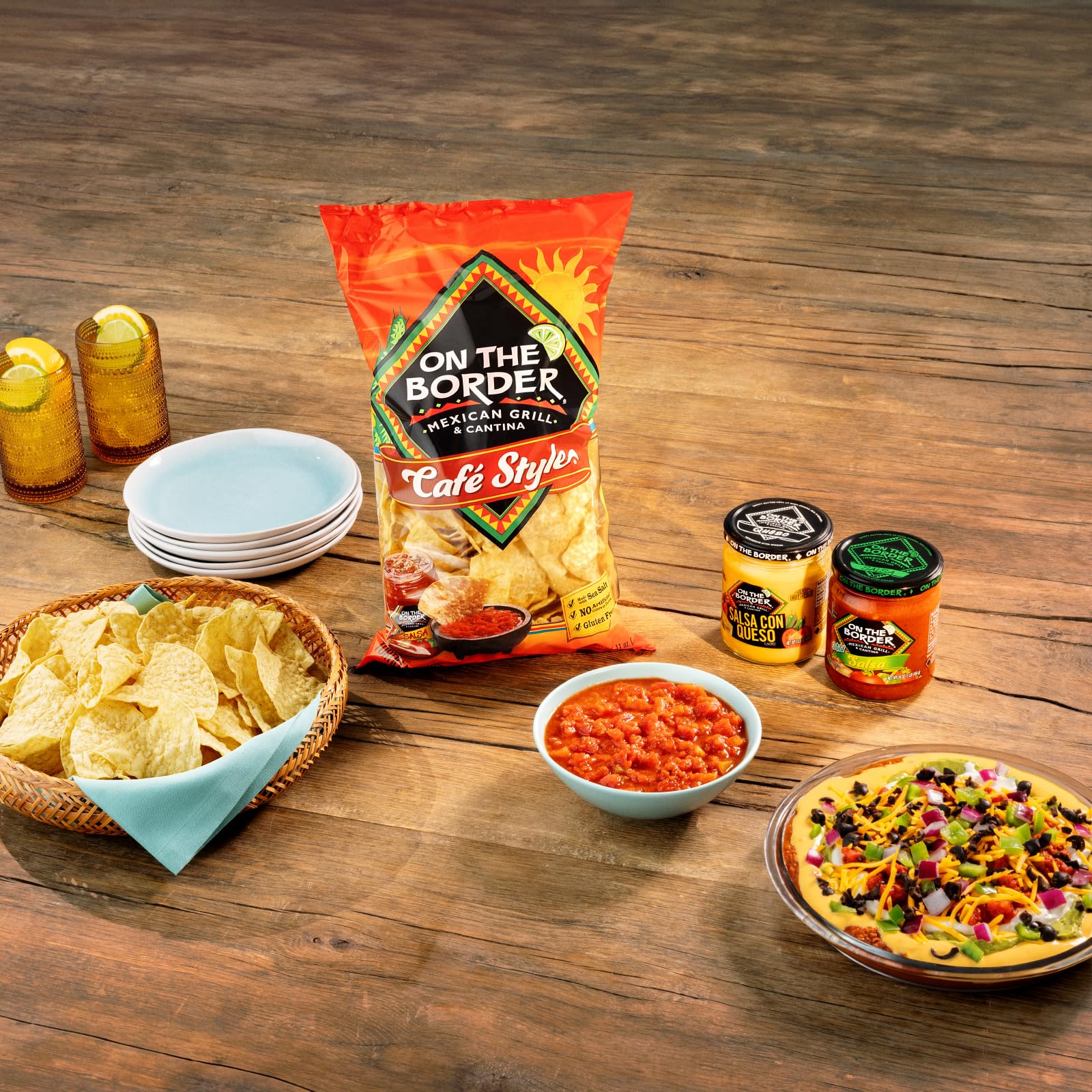 On The Border Cafe Style chips with gluten-free label, accommodating diverse snacking needs.
