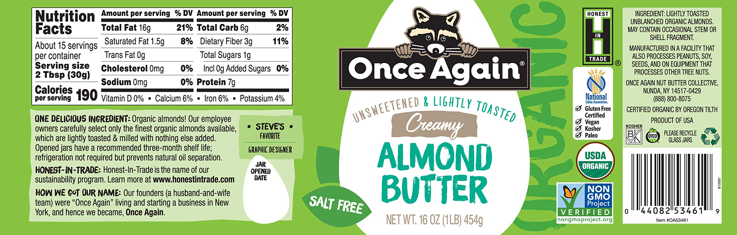 Close-up of Once Again almond butter showing lightly toasted almonds for a creamy, versatile spread.