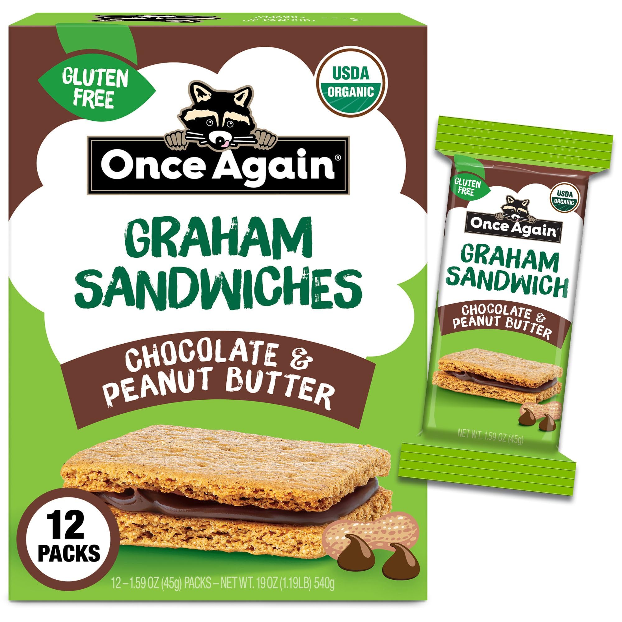 Once Again chocolate peanut butter graham sandwiches packaging showing gluten free on the go