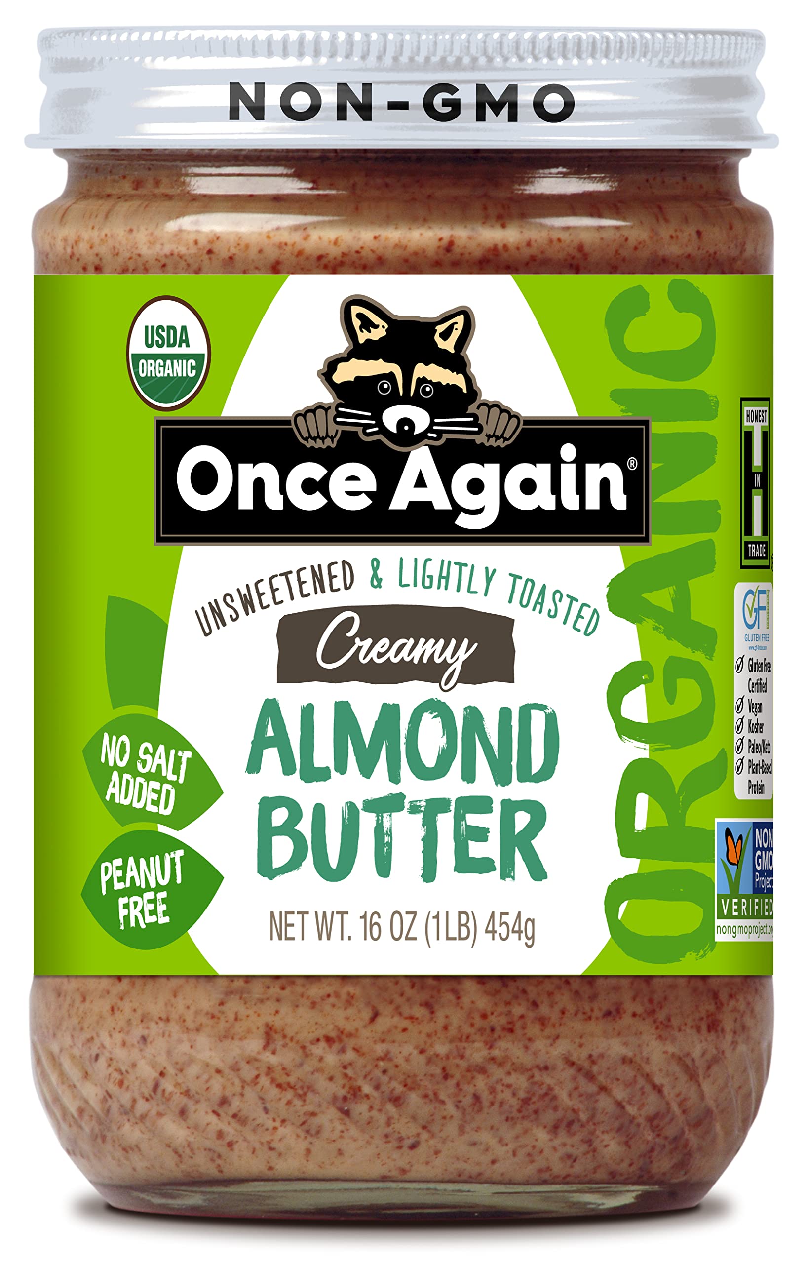 Once Again creamy almond butter jar with smooth spread, ideal for toast and smoothies.
