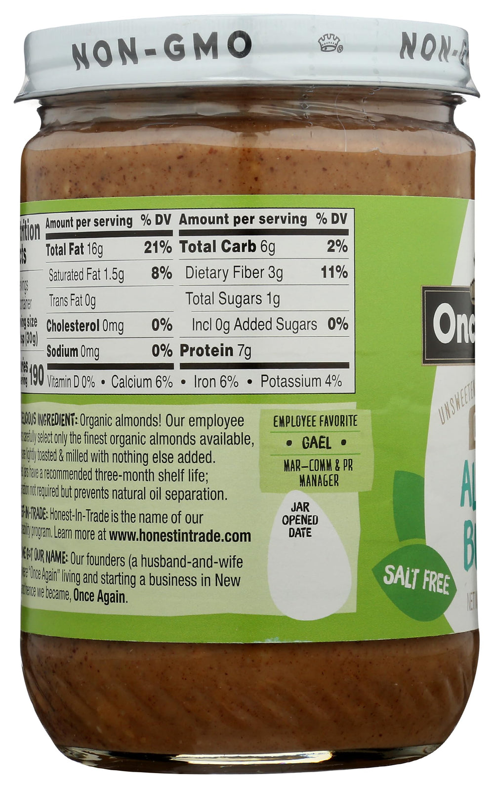 Ingredients and certifications panel on the Once Again Almond Butter jar.