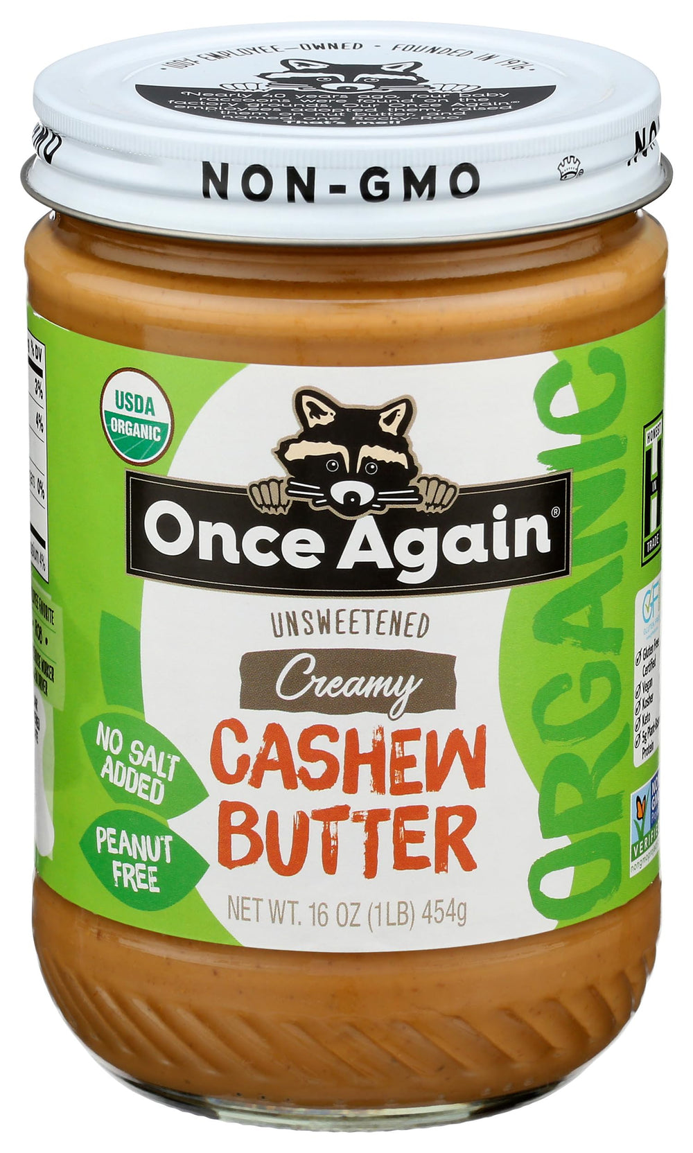 Once Again Organic Cashew Butter jar shows a smooth, creamy spread for toast