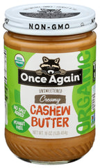 Once Again Organic Cashew Butter jar shows a smooth, creamy spread for toast