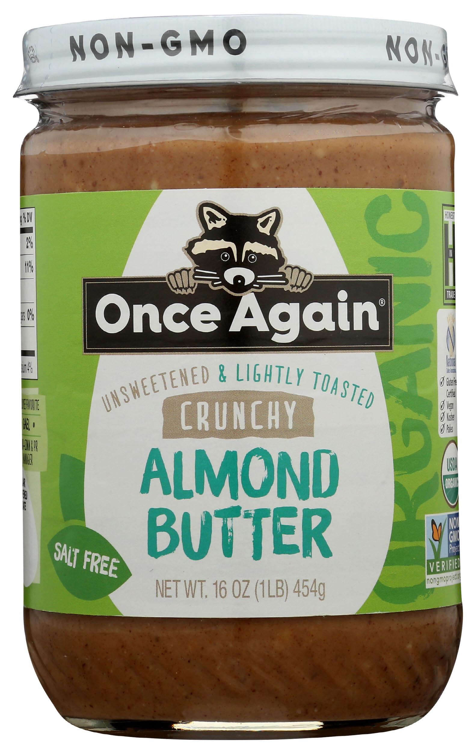 Once Again Organic Crunchy Almond Butter in a glass jar with a bold front label, ready to enjoy.