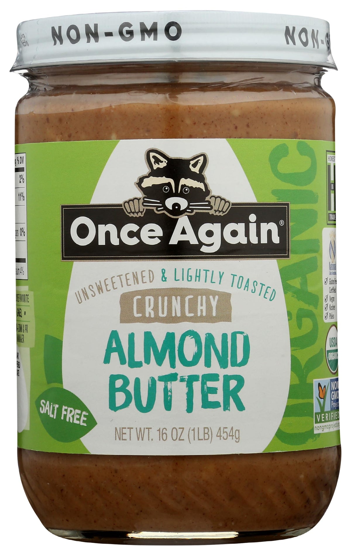 Once Again Organic Crunchy Almond Butter in a glass jar with a bold front label, ready to enjoy.