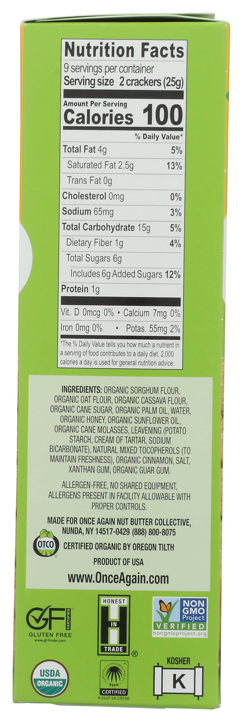Once Again Organic Honey Graham Crackers pack back with ingredients and notes