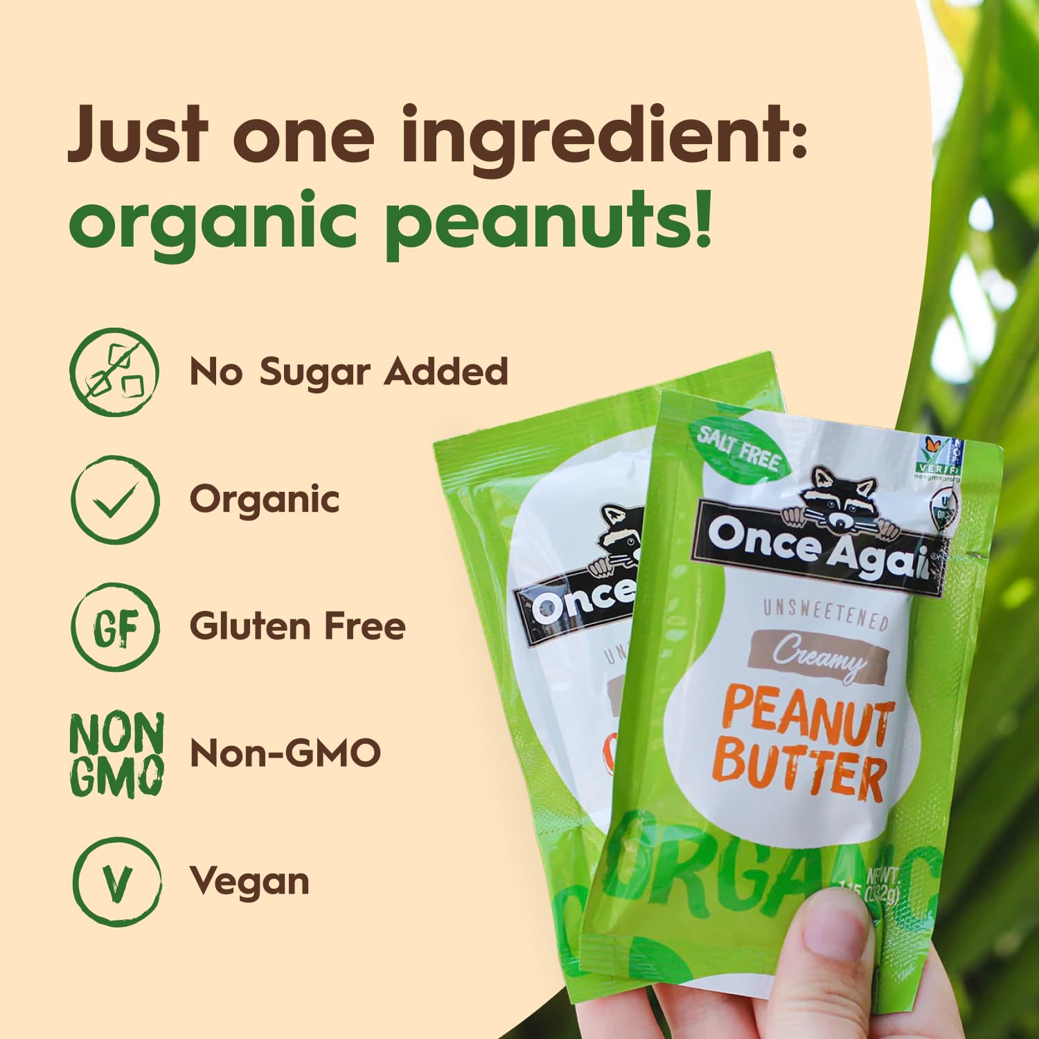 Once Again Organic Peanut Butter Packets creamy-texture evokes rich spread.